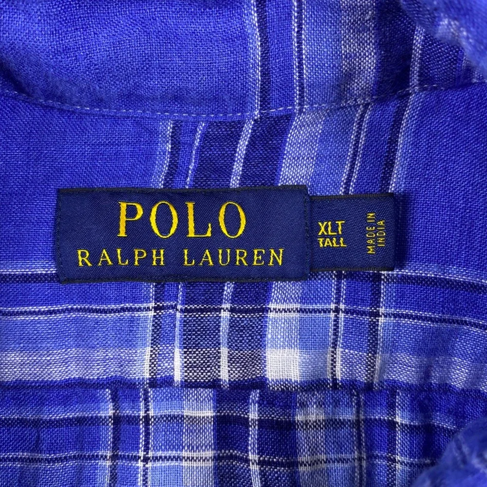 Polo Ralph Lauren Button Down Shirt Mens XLT Blue Plaid Linen Classic Preppy